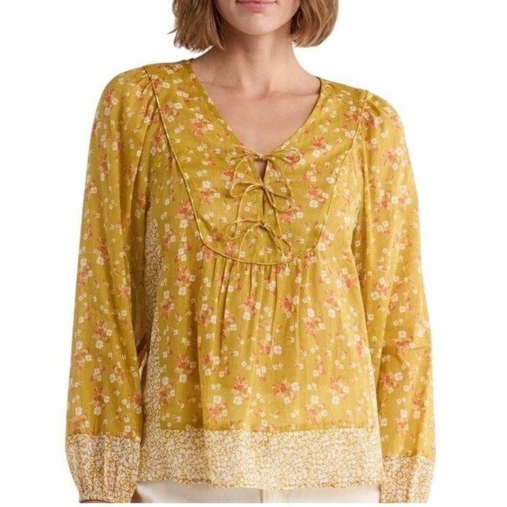 DR2 Womens Blouse XL Yellow Floral Lace Up V-Neck Long Sleeve Peasant Top